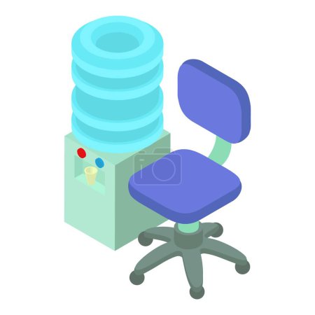 Illustration for Office equipment icon isometric vector. Water cooler and blue soft chair icon. Office, furniture, equipment - Royalty Free Image
