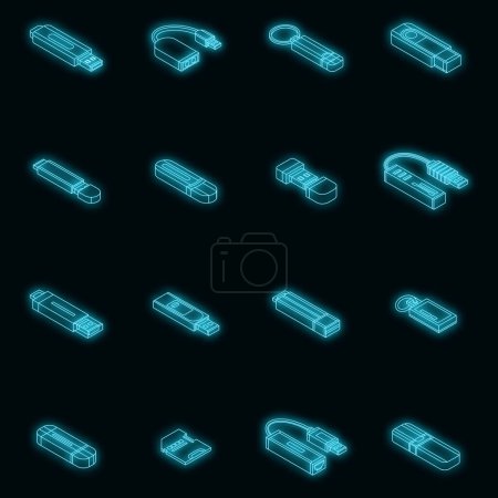 Illustration for Flash drive icon set. Isometric set of flash drive vector icons neon on black - Royalty Free Image