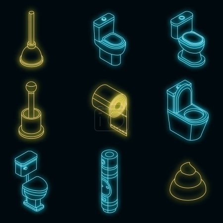 Ilustración de Set de iconos de baño. Isométrico conjunto de inodoro baño vector iconos de neón en negro - Imagen libre de derechos