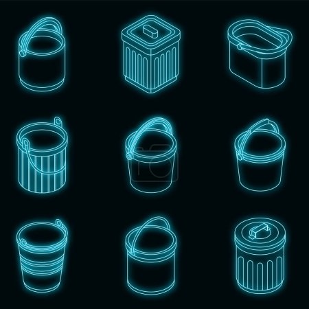 Illustration for Bucket icon set. Isometric set of bucket vector icons neon on black - Royalty Free Image
