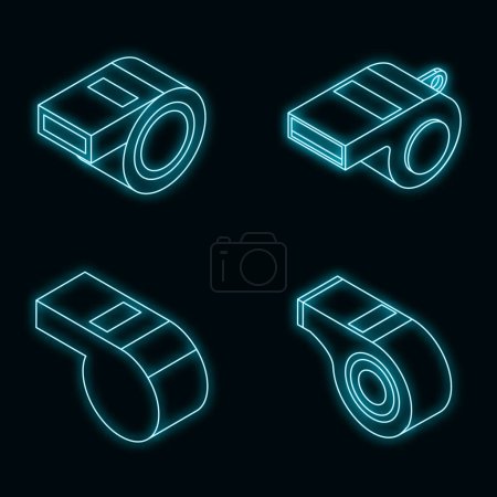 Illustration for Whistle icon set. Isometric set of whistle vector icons neon on black - Royalty Free Image