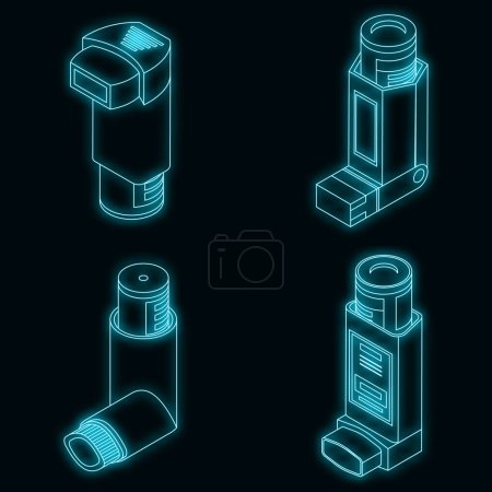 Illustration for Inhaler icon set. Isometric set of inhaler vector icons neon on black - Royalty Free Image