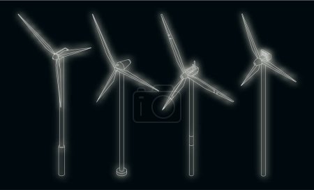 Windrad-Symbole gesetzt. Isometrisches Set von Vektorsymbolen für Windkraftanlagen neon auf schwarz