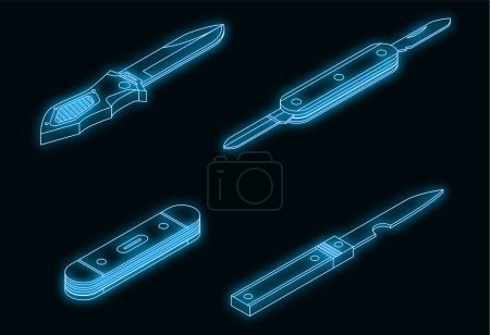 Illustration for Penknife icons set. Isometric set of penknife vector icons neon on black - Royalty Free Image