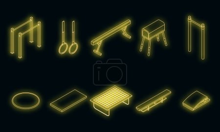 Illustration for Gymnastics equipment icons set. Isometric set of gymnastics equipment vector icons neon on black - Royalty Free Image
