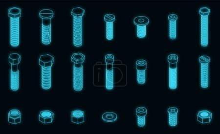 Illustration for Screw-bolt icons set. Isometric set of screw-bolt vector icons neon on black - Royalty Free Image
