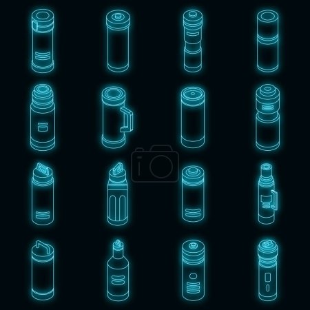 Ilustración de Conjunto de iconos de botella de agua aislada al vacío. Conjunto isométrico de iconos vectoriales de botellas de agua aisladas al vacío neón sobre negro - Imagen libre de derechos