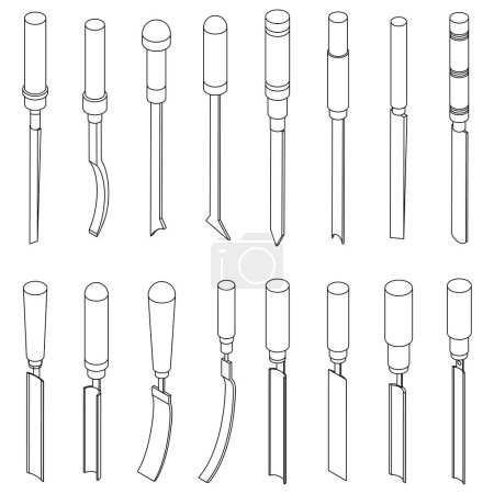 Illustration for Chisel icons set. Isometric set of chisel vector icons thin line outline on white isolated - Royalty Free Image