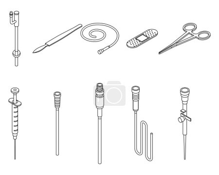 Catheter icons set. Isometric set of catheter vector icons thin line outline on white isolated