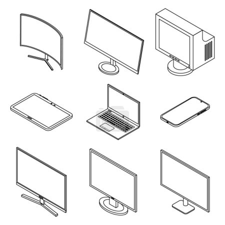 Illustration for Monitor icons set. Isometric set of monitor vector icons thin line outline on white isolated - Royalty Free Image
