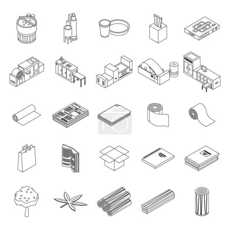 Ilustración de Set de iconos de producción de papel. Conjunto isométrico de iconos vectoriales de producción de papel delgada línea de contorno en blanco aislado - Imagen libre de derechos