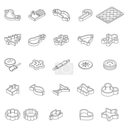 Conjunto de iconos de moldes de galletas. Conjunto isométrico de moldes de galletas iconos vectoriales delgada línea de contorno en blanco aislado