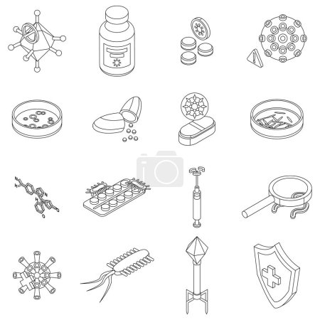 Illustration for Antibiotic resistance icons set. Isometric set of antibiotic resistance vector icons thin line outline on white isolated - Royalty Free Image