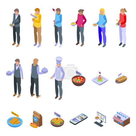 Illustration for Food critic icons set isometric vector. Restaurant food. Social review - Royalty Free Image