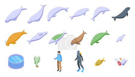 Illustration for Dugong icons set isometric vector. Animal cow. Water aquatic - Royalty Free Image