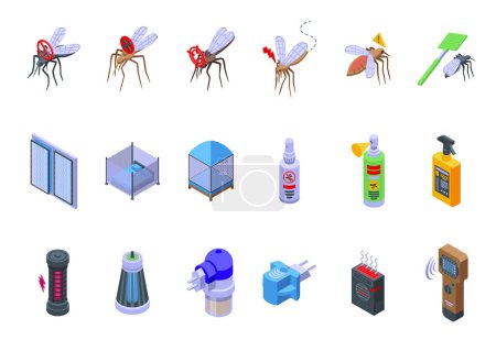 Ilustración de Los iconos de protección contra mosquitos establecen el vector isométrico. Mordedura de aerosol. Repelente de insectos - Imagen libre de derechos