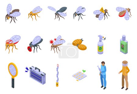 Ilustración de Los iconos de la mosca Tsetse establecen vector isométrico. Enfermedades peligrosas. Mosca del insecto - Imagen libre de derechos