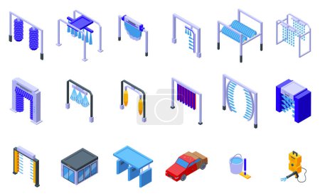 Illustration for Automated car wash icons set isometric vector. Car auto. Vehicle transport - Royalty Free Image