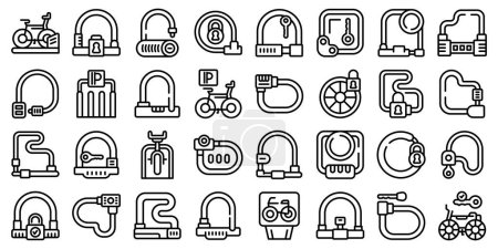 Illustration for Cycling lock icons set outline vector. Smart bike. Lock bicycle - Royalty Free Image