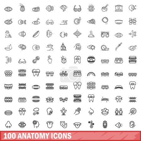 Téléchargez les illustrations : Ensemble de 100 icônes d'anatomie. Illustration schématique de 100 icônes anatomiques vectorielles isolées sur fond blanc - en licence libre de droit