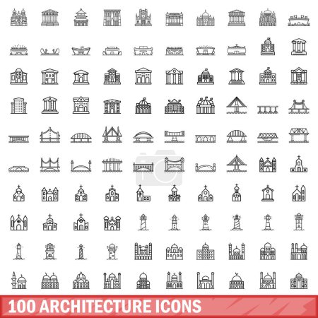 Téléchargez les illustrations : Ensemble de 100 icônes d'architecture. Illustration schématique de 100 icônes vectorielles d'architecture isolées sur fond blanc - en licence libre de droit