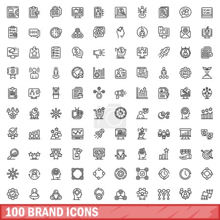 Téléchargez les illustrations : Ensemble de 100 icônes de marque. Illustration schématique de 100 icônes de marque ensemble vectoriel isolé sur fond blanc - en licence libre de droit
