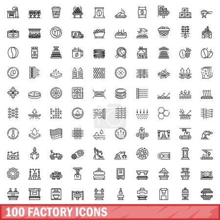 Téléchargez les illustrations : Ensemble de 100 icônes d'usine. Illustration schématique de 100 icônes d'usine ensemble vectoriel isolé sur fond blanc - en licence libre de droit