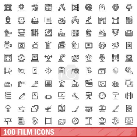 Téléchargez les illustrations : Ensemble de 100 icônes de film. Illustration schématique de 100 icônes de film ensemble vectoriel isolé sur fond blanc - en licence libre de droit