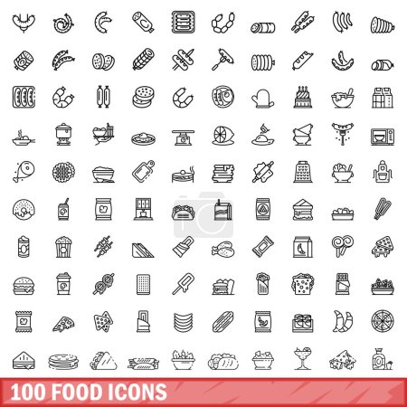 Téléchargez les illustrations : Ensemble de 100 icônes alimentaires. Illustration schématique de 100 vecteurs d'icônes alimentaires isolés sur fond blanc - en licence libre de droit