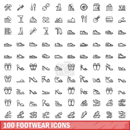 100 Schuhsymbole gesetzt. Umriss Illustration von 100 Schuh-Symbole Vektor gesetzt isoliert auf weißem Hintergrund