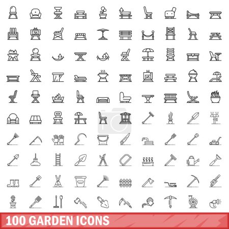 Téléchargez les illustrations : Ensemble de 100 icônes de jardin. Illustration schématique de 100 icônes de jardin ensemble vectoriel isolé sur fond blanc - en licence libre de droit