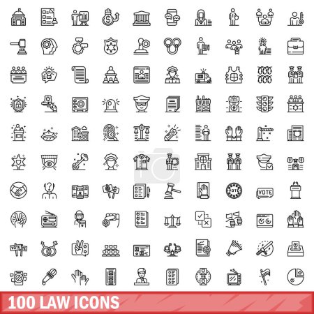 Téléchargez les illustrations : Ensemble de 100 icônes de loi. Illustration schématique de 100 icônes de loi ensemble vectoriel isolé sur fond blanc - en licence libre de droit