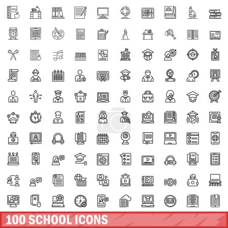 Ilustración de 100 iconos escolares. Esquema ilustración de 100 iconos escolares vector conjunto aislado sobre fondo blanco - Imagen libre de derechos