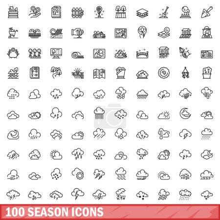 Téléchargez les illustrations : Ensemble de 100 icônes de saison. Illustration schématique de l'ensemble vectoriel de 100 icônes de saison isolées sur fond blanc - en licence libre de droit