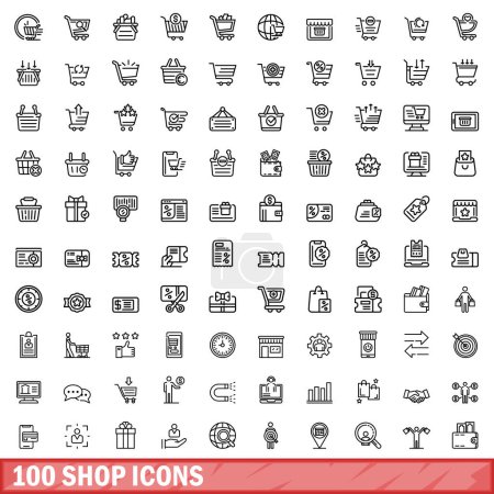 Ilustración de 100 iconos de la tienda. Esquema ilustración de 100 iconos de la tienda vector conjunto aislado sobre fondo blanco - Imagen libre de derechos