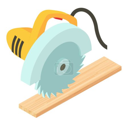 Ilustración de Icono de herramienta de carpintería vector isométrico. Sierra circular eléctrica y tablón de madera. Máquinas de cortar madera, trabajos de construcción y reparación - Imagen libre de derechos