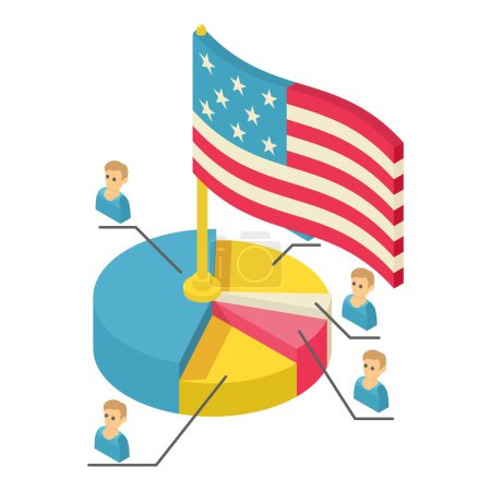 Illustration for Voter statistic icon isometric vector. Colored pie chart with candidate, usa flag. Study of political preference, statistic, information - Royalty Free Image