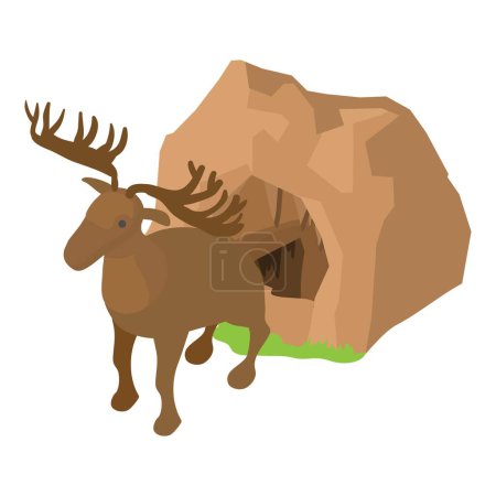 Ilustración de Icono animal salvaje vector isométrico. Alce marrón salvaje cerca de la cueva de piedra icono de entrada. Mundo animal, evolución - Imagen libre de derechos