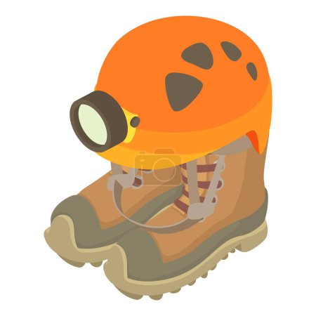 Illustration for Caving equipment icon isometric vector. Caving helmet with lantern, trekking shoe. Speleological equipment, spelunking - Royalty Free Image