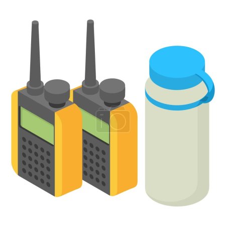 Ilustración de Icono de equipo turístico vector isométrico. Walkie Talkie radio y botella de agua. Descanso activo, hobby, senderismo - Imagen libre de derechos