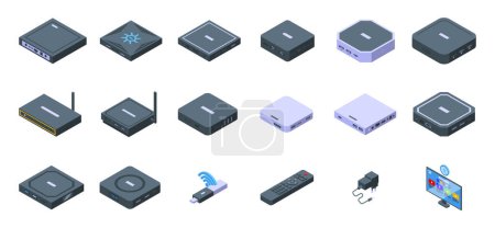Ilustración de Smart TV caja iconos conjunto de vectores isométricos. Cable remoto. Dispositivo controlador - Imagen libre de derechos