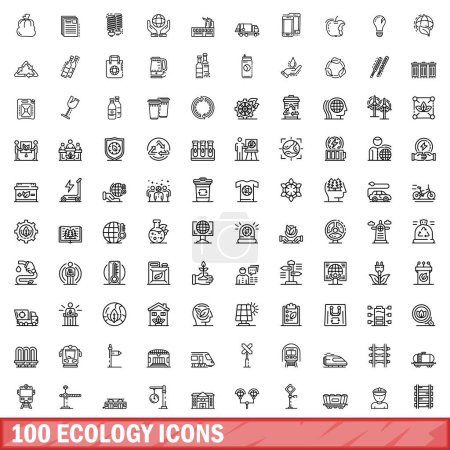 Téléchargez les illustrations : Ensemble de 100 icônes d'écologie. Illustration schématique de 100 icônes vectorielles d'écologie isolées sur fond blanc - en licence libre de droit