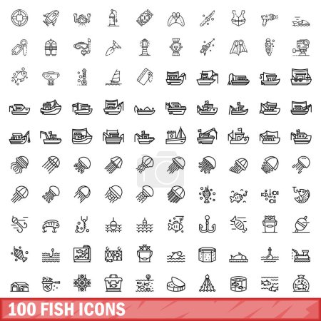 Illustration for 100 fish icons set. Outline illustration of 100 fish icons vector set isolated on white background - Royalty Free Image