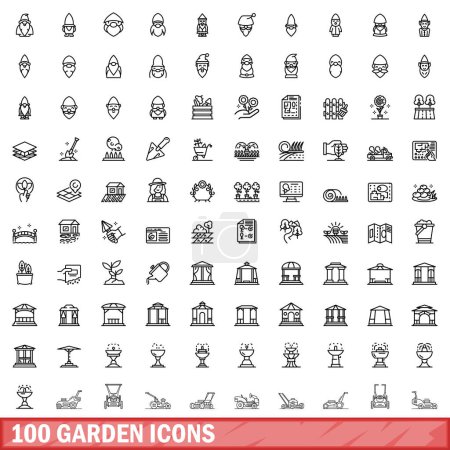 Ilustración de 100 iconos de jardín conjunto. Esquema ilustración de 100 iconos de jardín conjunto de vectores aislados sobre fondo blanco - Imagen libre de derechos