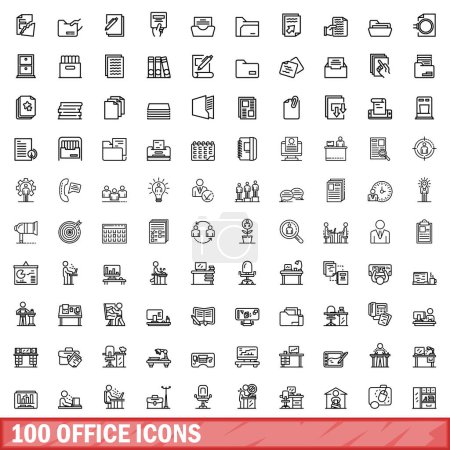 Illustration for 100 office icons set. Outline illustration of 100 office icons vector set isolated on white background - Royalty Free Image