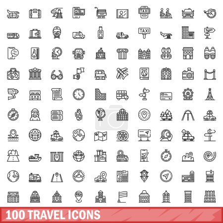 Téléchargez les illustrations : Ensemble de 100 icônes de voyage. Illustration schématique de 100 icônes de voyage ensemble vectoriel isolé sur fond blanc - en licence libre de droit