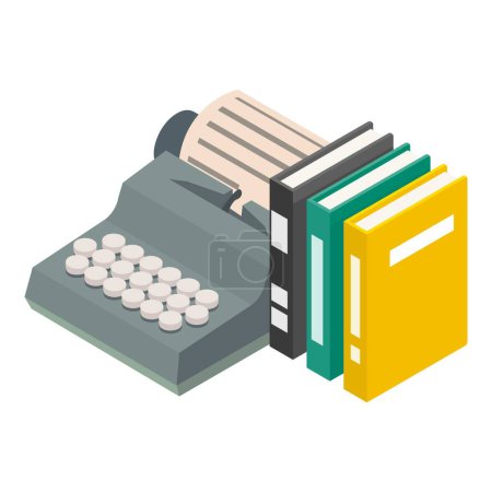 Illustration for Retro equipment icon isometric vector. Vintage typewriter, book in colorful cover. Typesetting, retro technology - Royalty Free Image