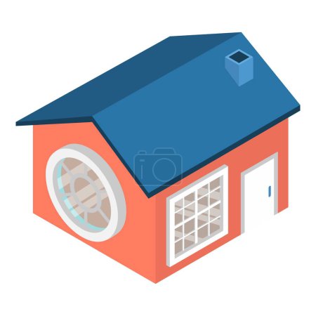 Téléchargez les illustrations : Petite icône de maison vecteur isométrique. Nouvelle maison d'un étage avec icône de fenêtre ronde. Bâtiment résidentiel, construction, architecture - en licence libre de droit
