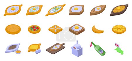 Téléchargez les illustrations : Icônes Khachapuri ensemble vecteur isométrique. Boulangerie à tartes. Géorgien alimentaire - en licence libre de droit