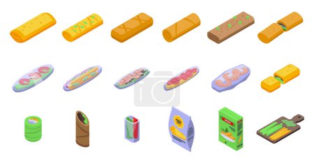 Illustration for Spring roll icons set isometric vector. Food vietnamese. Asia food - Royalty Free Image